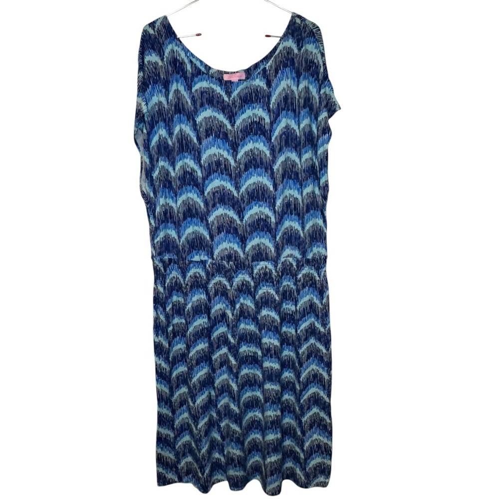 Lily Pulitzer Womens Sadie Dress Curves Print Cap Sleeve Elastic Waist Blue XL
